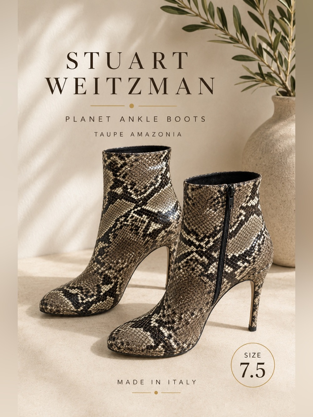 Stuart Weitzman Planet Snakeskin Print Ankle Boots Taupe Amazonia Size 7.5
